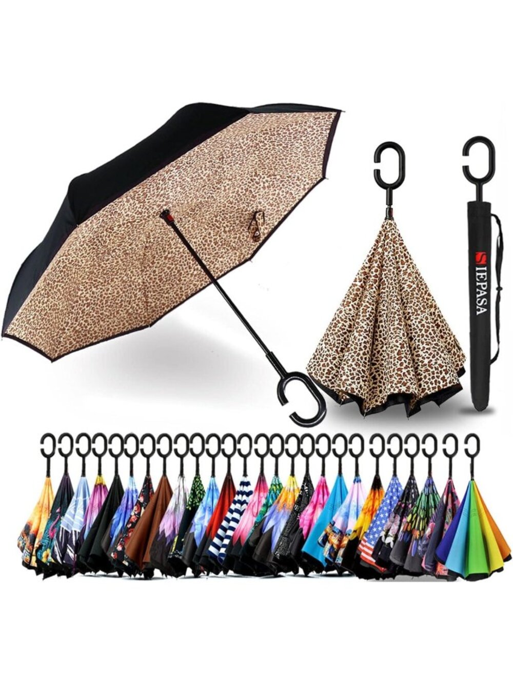 Leopard Print 49 Inch Inverted Reverse Umbrella, Windproof & Waterproof Design - Picture 1 of 6